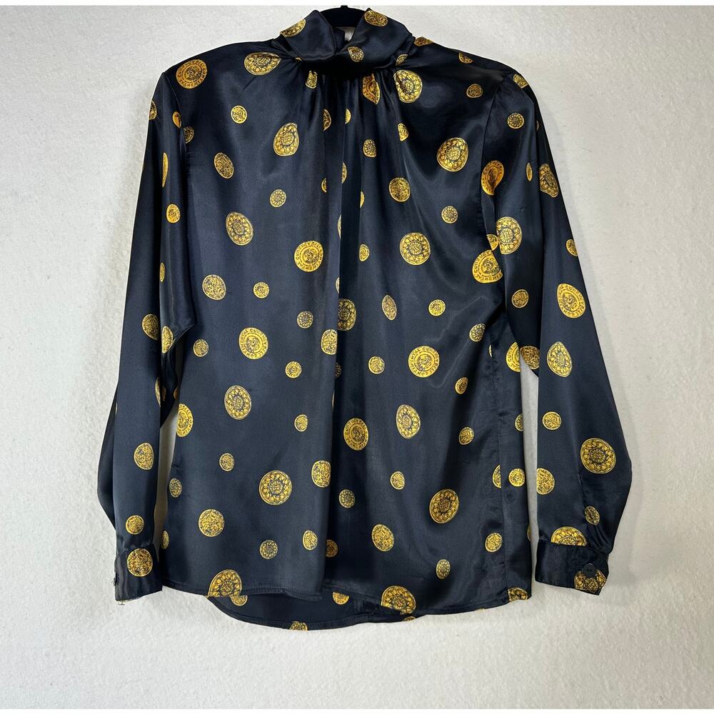 Women's Vintage 80's Gold Coin Satin Blouse Versace Secretary Mob Wife SZ 6